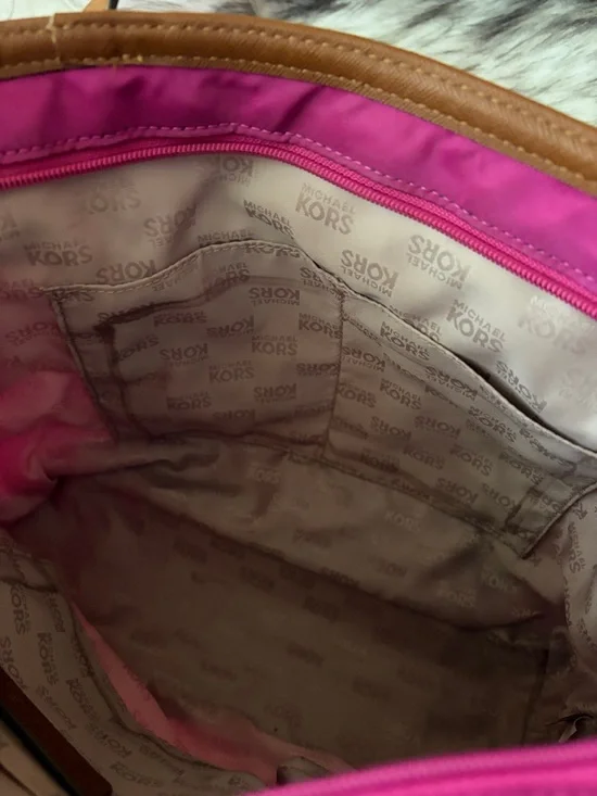 Michael Kors fuchsia is Nylon Tote with Brown Leather Trim - Picture 10 of 11